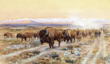  rica Lienzo - El Bison Trail gana ganado en el oeste americano Charles Marion Russell